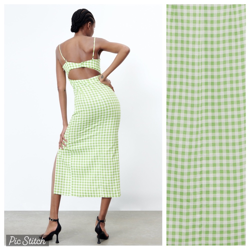 NWT. Zara White/Green Linen Blend Gingham Midi Dress. Size M. - Picture 4 of 10